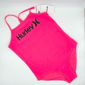 Hurley Big Girl's L 12/14 Bright Neon Pink Swimsuit 1 Pc Halter Tank Swim Beach